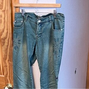 Max Studio Teal Flare Jeans with Embroidered Floral Detail